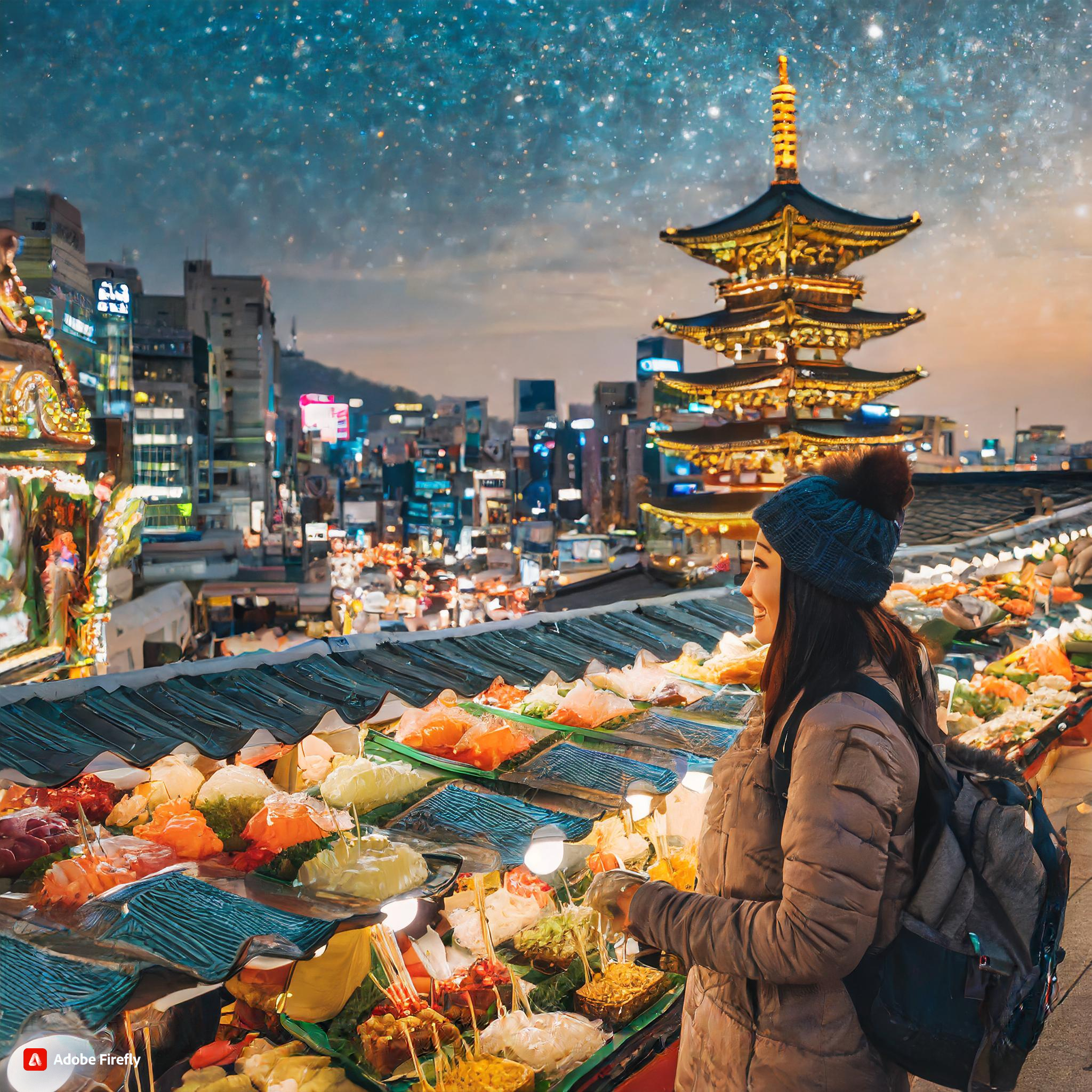 Firefly Showcase the city light in Seoul, Korea with tourist attractions, include the busy markets a